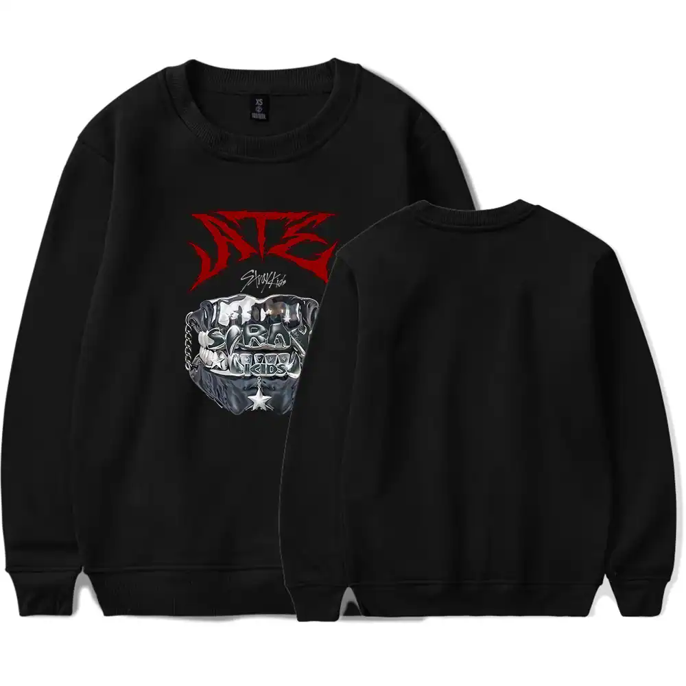 Graphic black sweatshirt with red logo and silver chain design, perfect for K-pop fans.
