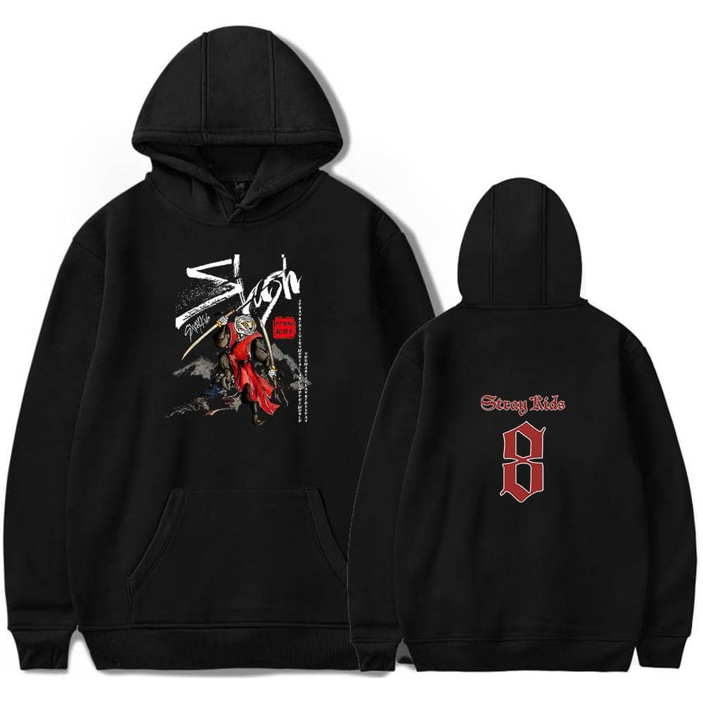 High-quality black hoodie featuring K-pop inspired graphic design and bold text elements. Perfect for fans and streetwear fashion.