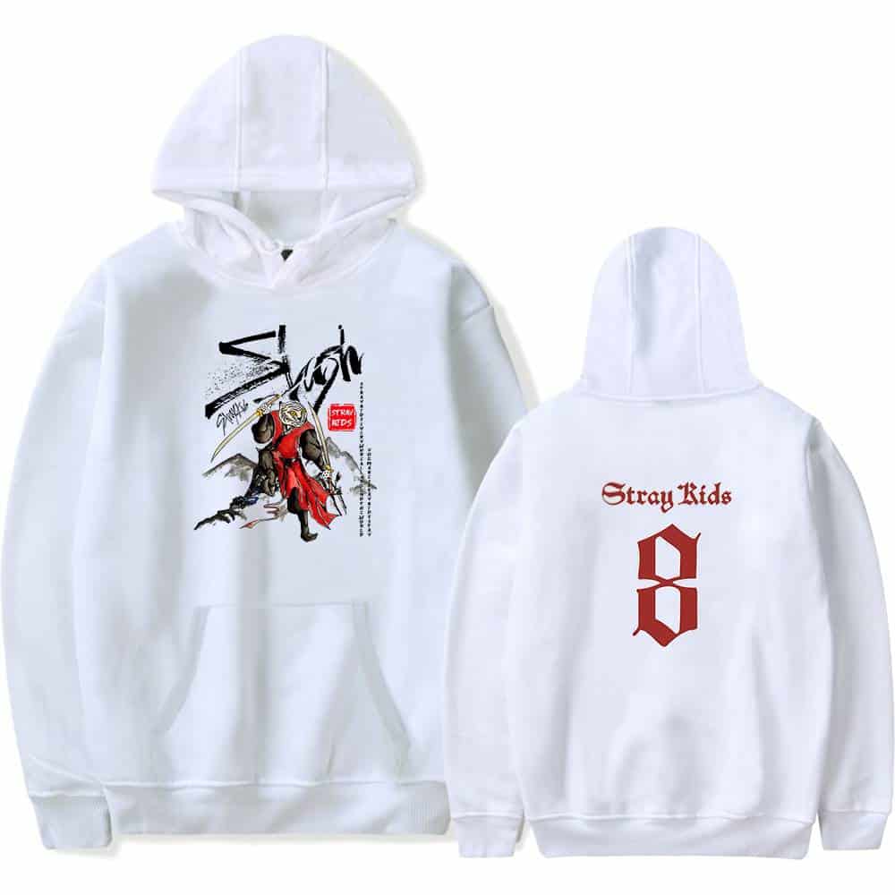 High-quality K-pop merch hoodie featuring Stray Kids design with graphic print and bold lettering on the back. Perfect for fans and streetwear enthusiasts.