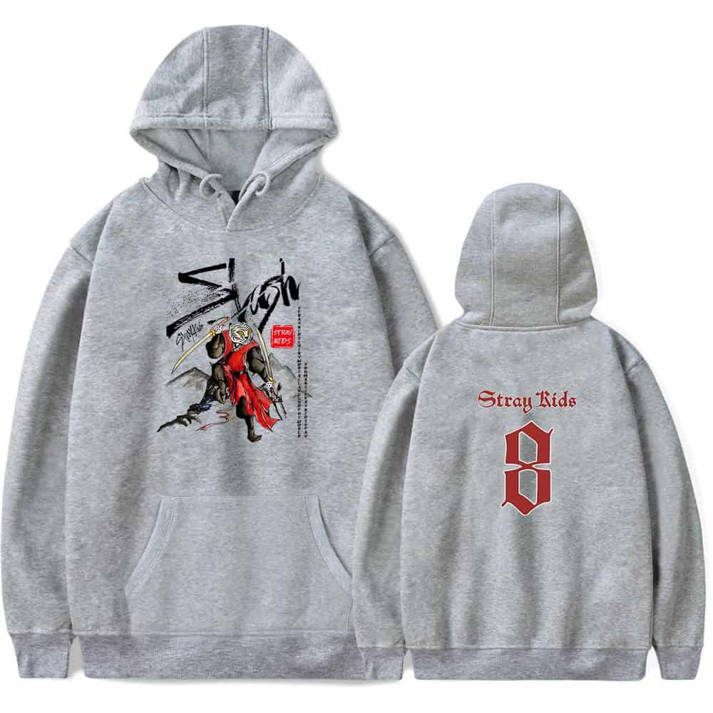 High-quality grey hoodie with K-pop inspired graphic design and "Stray Kids" branding on the back. Perfect for K-pop fans and streetwear style.