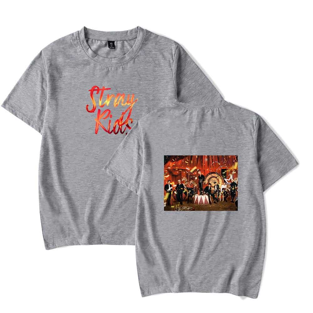 Bright gray T-shirt with "Stray Kids" text and a colorful band photo design, perfect for K-pop fans.
