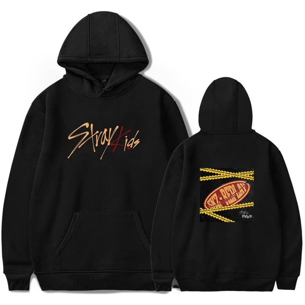 Skz Hoodie with Stray Kids logo and graphic design, comfortable black pullover sweatshirt for K-pop fans.