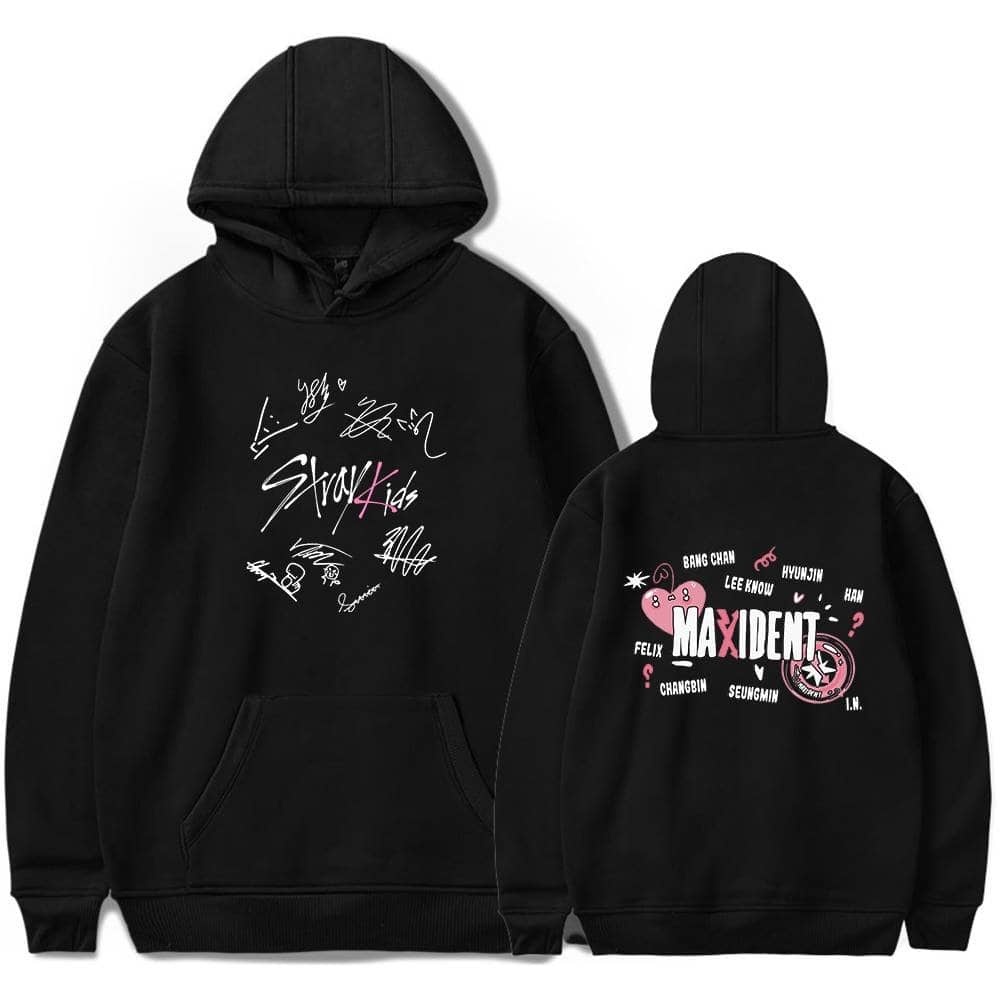 Autographed K-pop group hoodie with signatures and band logo, trendy and comfortable fan merchandise.