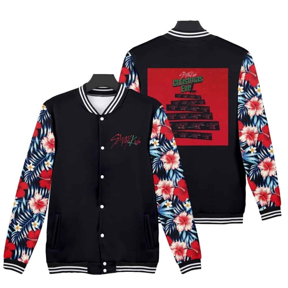 Stylish K-pop merchandise jacket with floral sleeves and Christmas themed design.