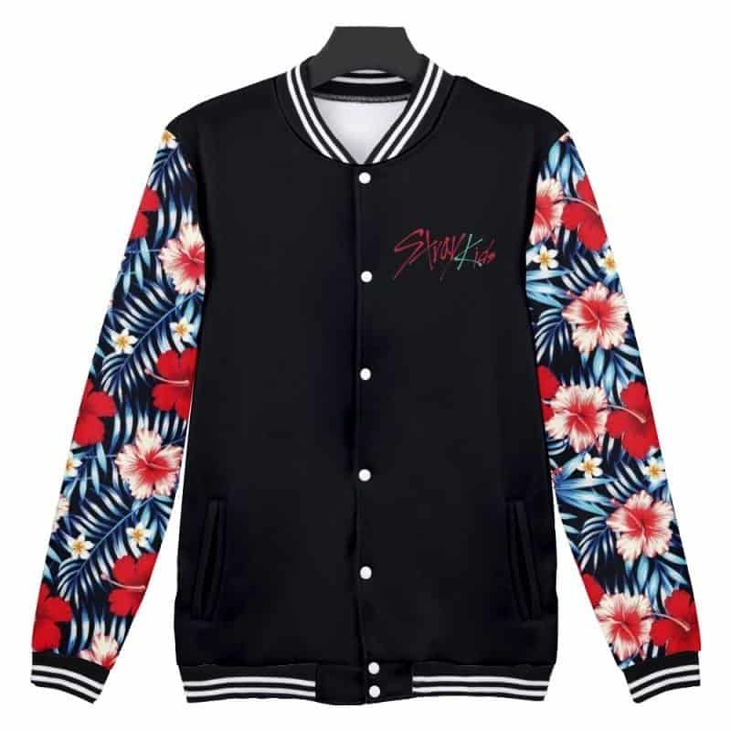 Colorful floral print K-pop merch varsity jacket.