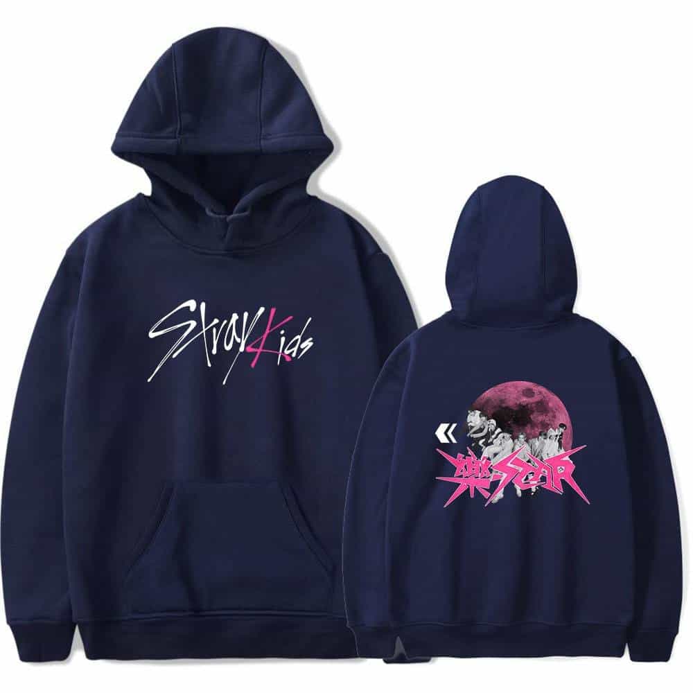 Stay4kigs kpop merch sweatshirt with graphic design of a girl with wolves and a pink moon, ideal for K-pop fans.